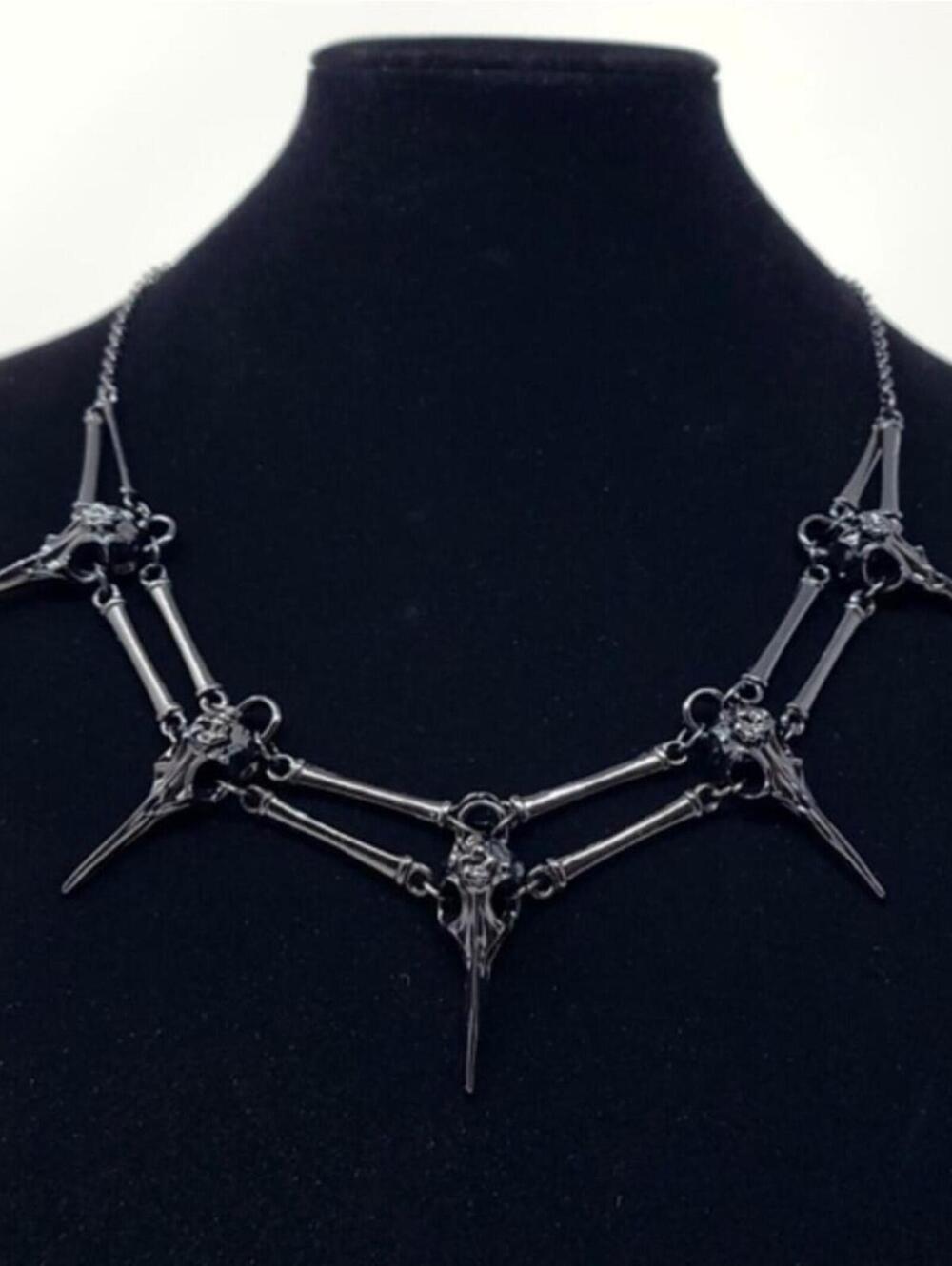 Ravens Descent Black Raven Bird Skull Spike Necklace
